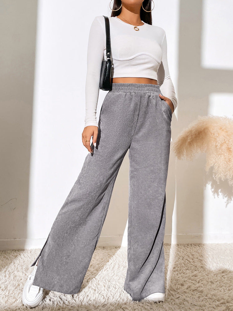Pantalon femme en velours côtelé à jambes larges avec fentes élastiqué