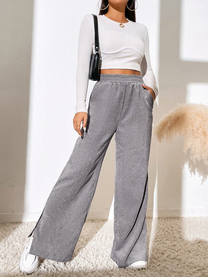 Pantalon femme en velours côtelé à jambes larges avec fentes élastiqué