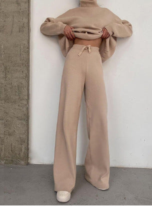 Ensemble tricoté pour femme élégant col montant jambes larges