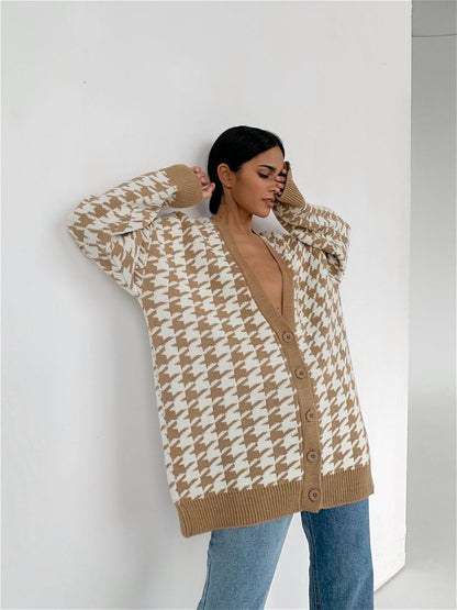 Cardigan femme motif carreaux tendance col en V