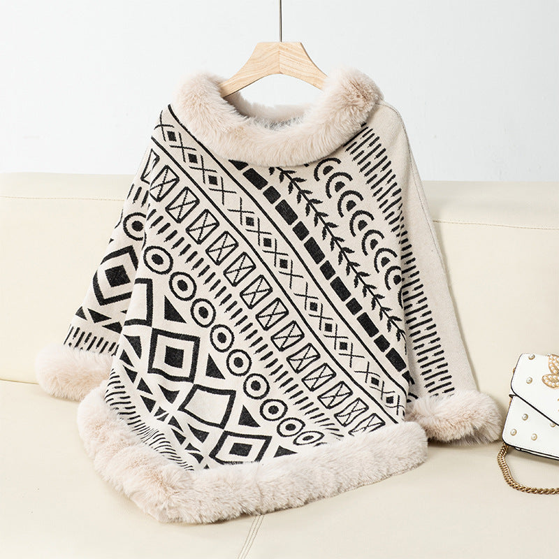 Poncho élégant pour femme, col en fausse fourrure, tendance