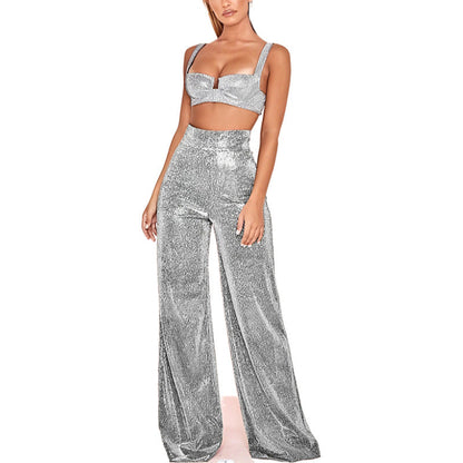 Ensemble deux pièces femme pailleté taille haute élégant