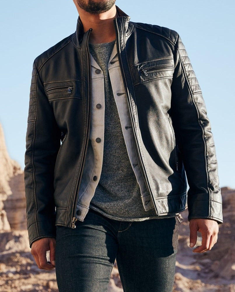 Blouson motard en cuir pour homme avec poches fonctionnelles