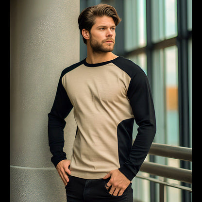 Herren T-Shirt Langarm Bequem Kontrast Ärmel - IdealeKleiden