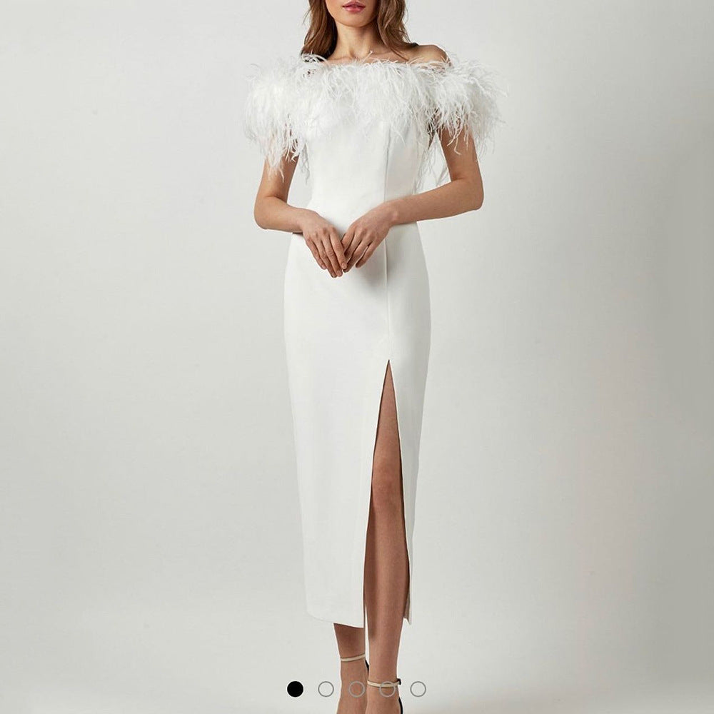 Robe de soirée élégante avec dentelle de plumes et coupe ajustée