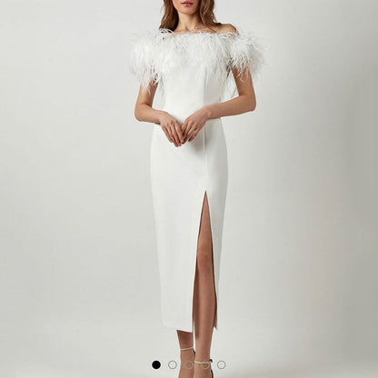 Robe de soirée élégante avec dentelle de plumes et coupe ajustée