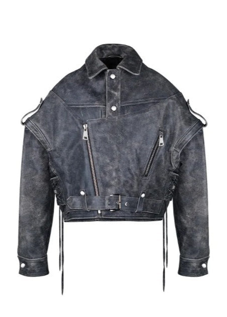 Veste de motard en cuir usée à lacets