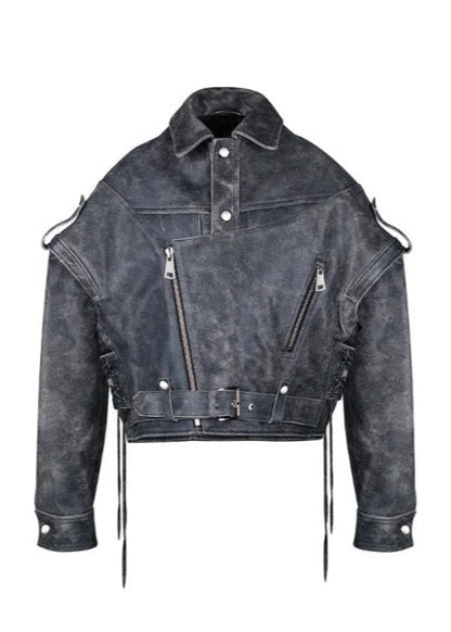 Veste de motard en cuir usée à lacets