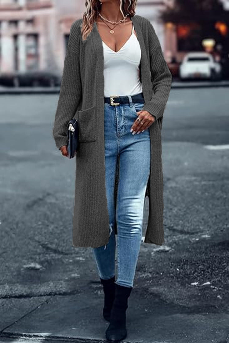 Gilet long en maille à manches longues avec poches pour femme