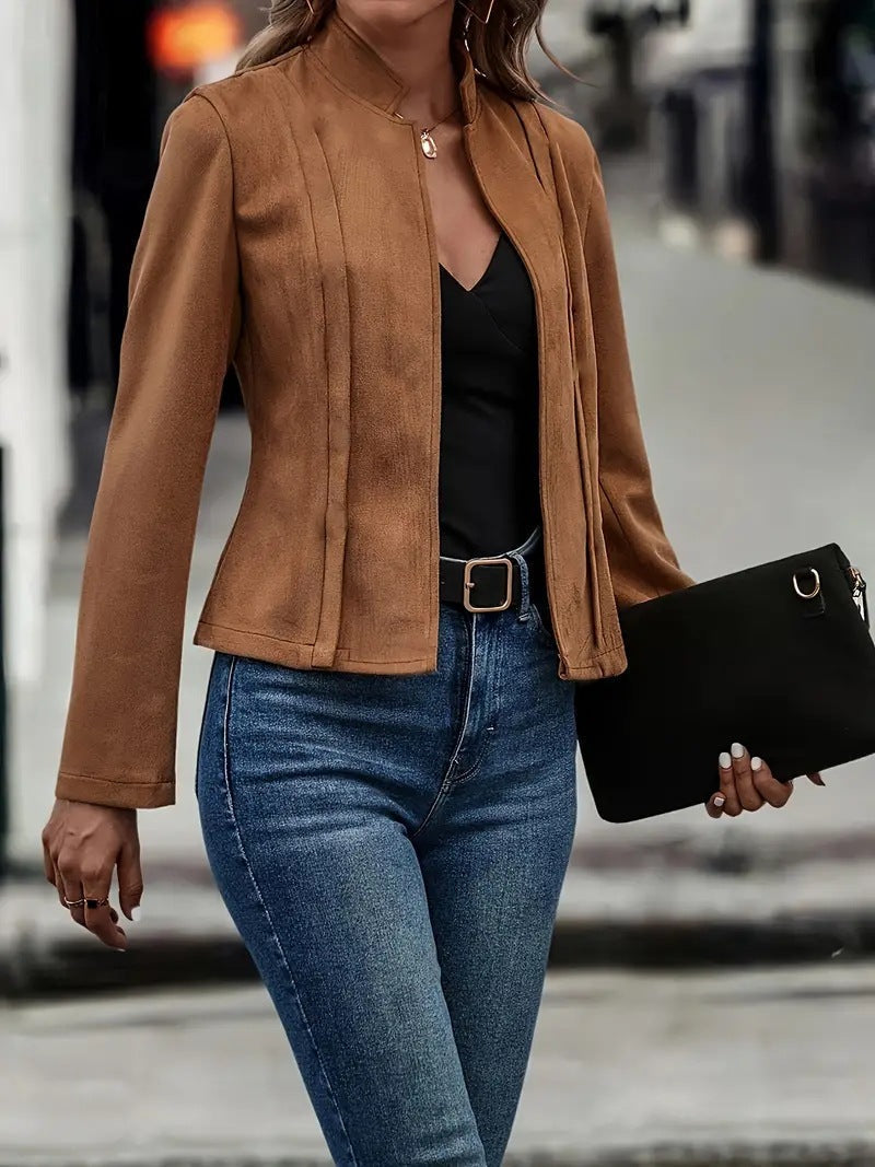 Veste courte élégante coupe slim mélange de laine col montant