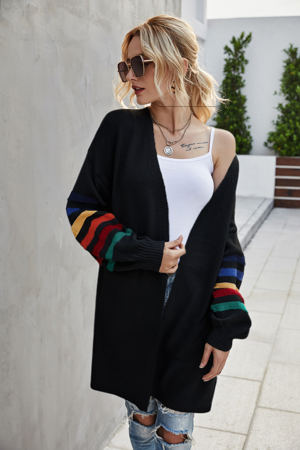 Strickjacke Offen Vorne Langer lockerer Schnitt Buntgestreift - IdealeKleiden