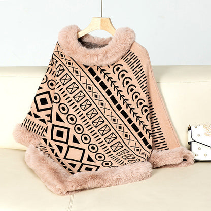Poncho élégant pour femme, col en fausse fourrure, tendance