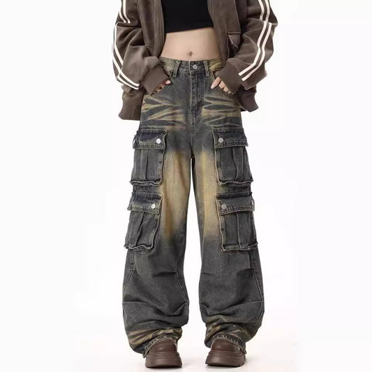 Damen Cargo-Jeans Bequem Weite Bein Seitentaschen - IdealeKleiden