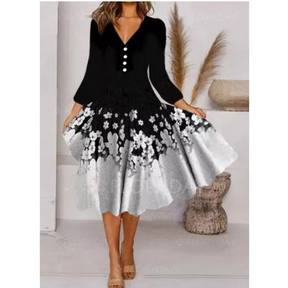 Robe midi pour femme Col en V Motif floral Élégante