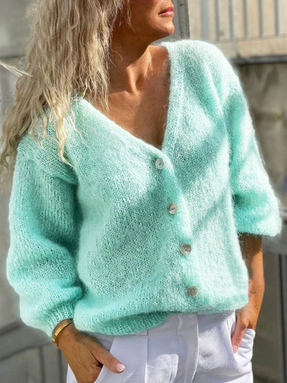 Cardigan col V à manches bouffantes amples