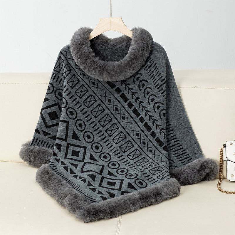 Poncho élégant pour femme, col en fausse fourrure, tendance