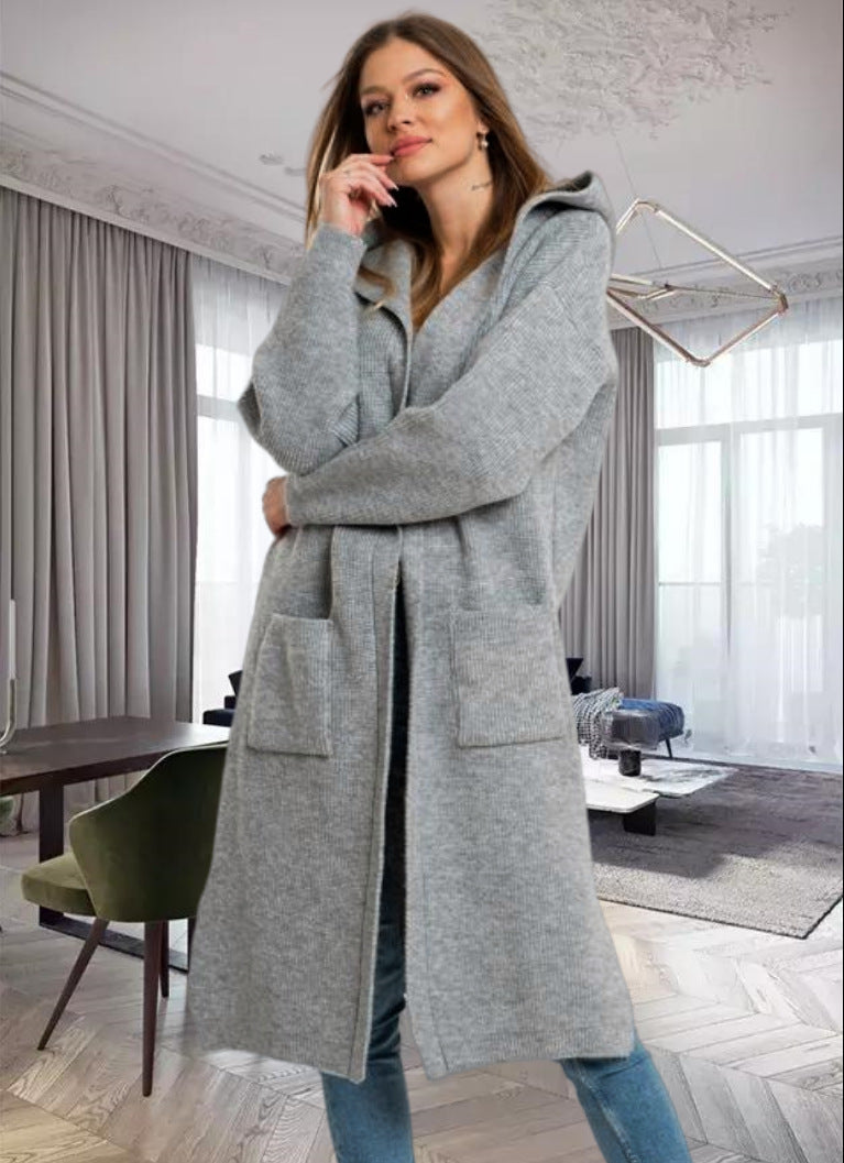 Cardigan en maille pour femme, chaud, à capuche, grandes poches