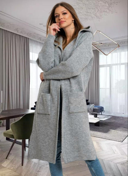 Cardigan en maille pour femme, chaud, à capuche, grandes poches