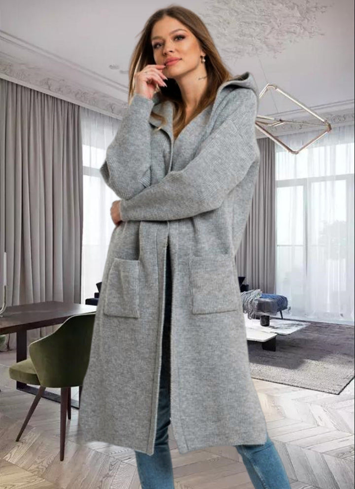 Cardigan en maille pour femme, chaud, à capuche, grandes poches