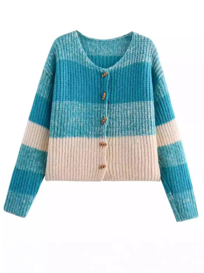 Cardigan Femme Élastique Côtes Boutons en Bois Design Élégant