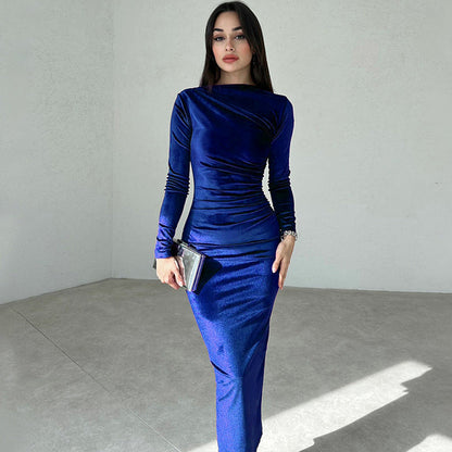 Robe longue élégante pour femme à manches longues, coupe ajustée, effet drapé