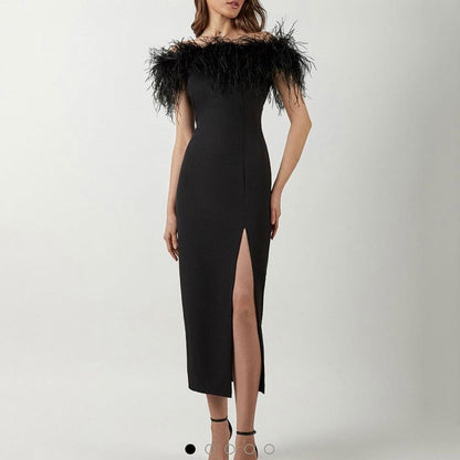 Robe de soirée élégante avec dentelle de plumes et coupe ajustée