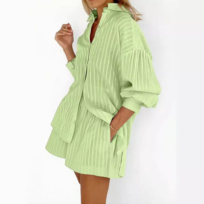 Damen Streifen Hemd und Shorts Set Sommerkleidung - IdealeKleiden