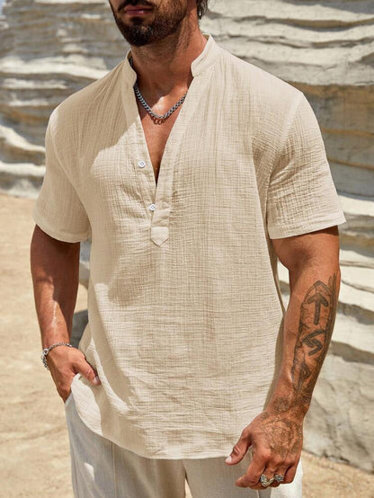 Chemise à manches courtes pour homme, col montant moderne, légère en coton