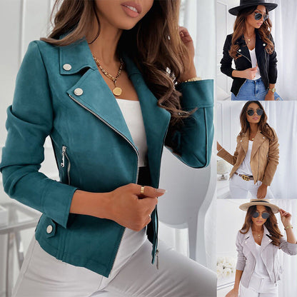 Damen Lederjacke Biker-Stil Slim Fit Reißverschluss - IdealeKleiden