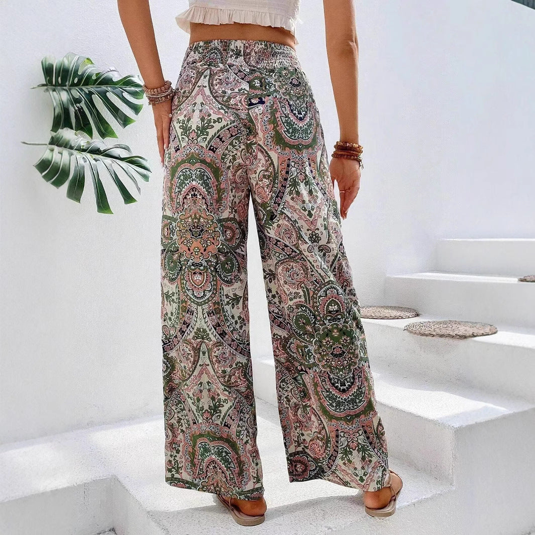 Pantalon Palazzo Femme Élastique Motif Cachemire Confort