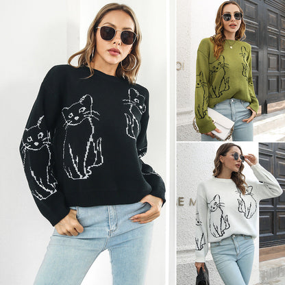 Damen Pullover Katzenmuster Lässig und Bequem - IdealeKleiden
