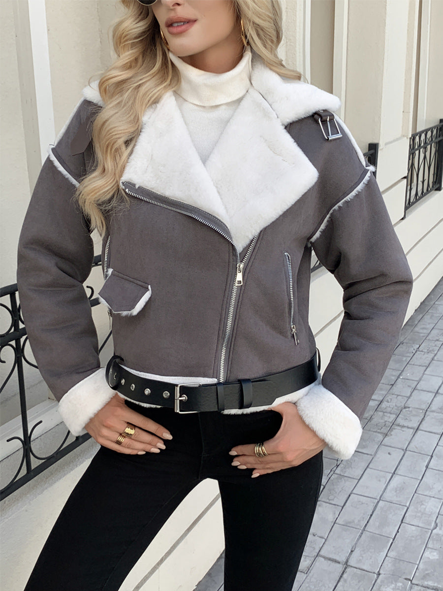 Veste d'hiver femme col fourrure synthétique et ceinture