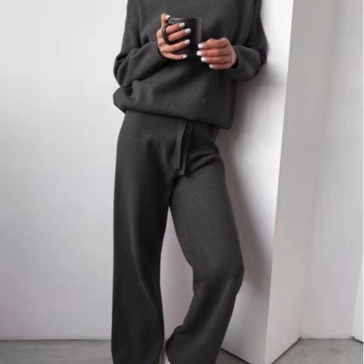 Damen Strickanzug Weite Hose Eleganter Rundhals - IdealeKleiden