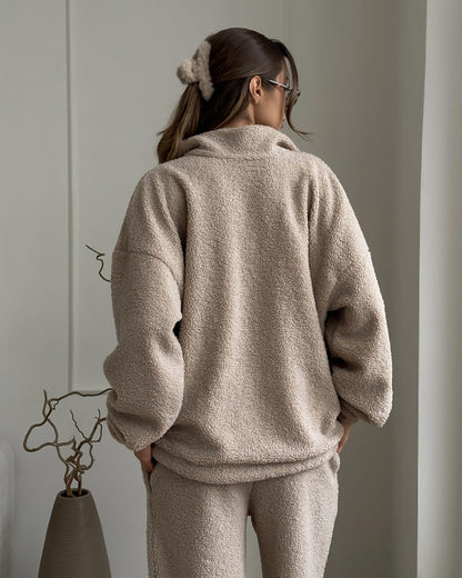 Warmes Fleece Outfit Set Strickjacke und Hose - IdealeKleiden