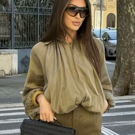 Damen Bluse Elegant Puffärmel Pliséestyle - IdealeKleiden