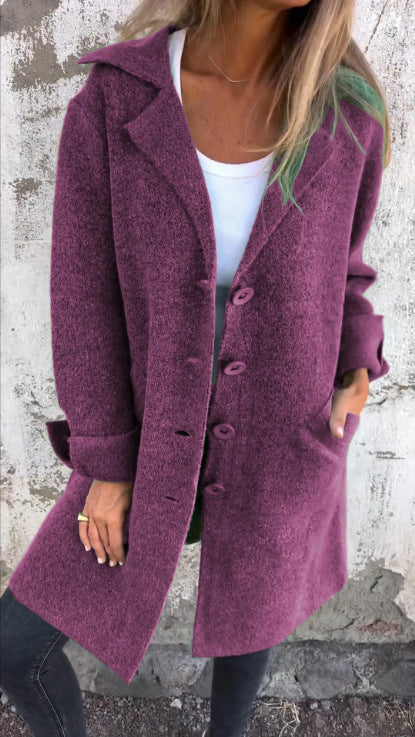 Manteau en laine mi-long Coupe décontractée Élégant col à revers