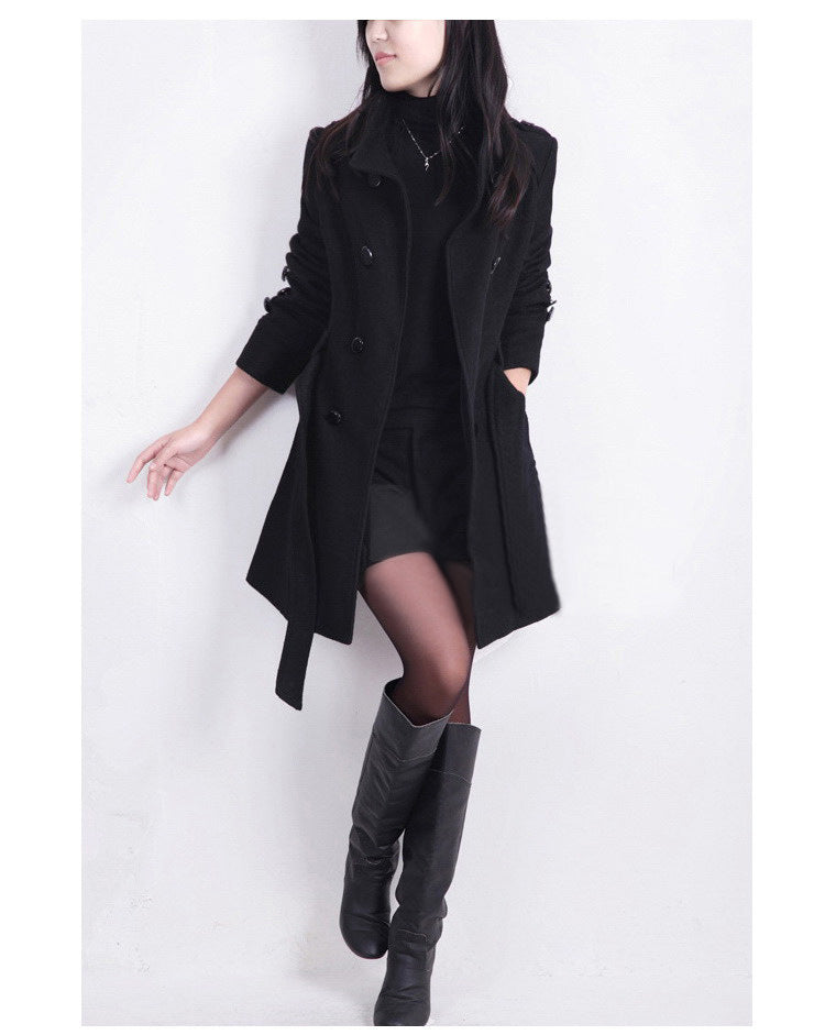 Élégant trench-coat long pour femme en laine mélangée