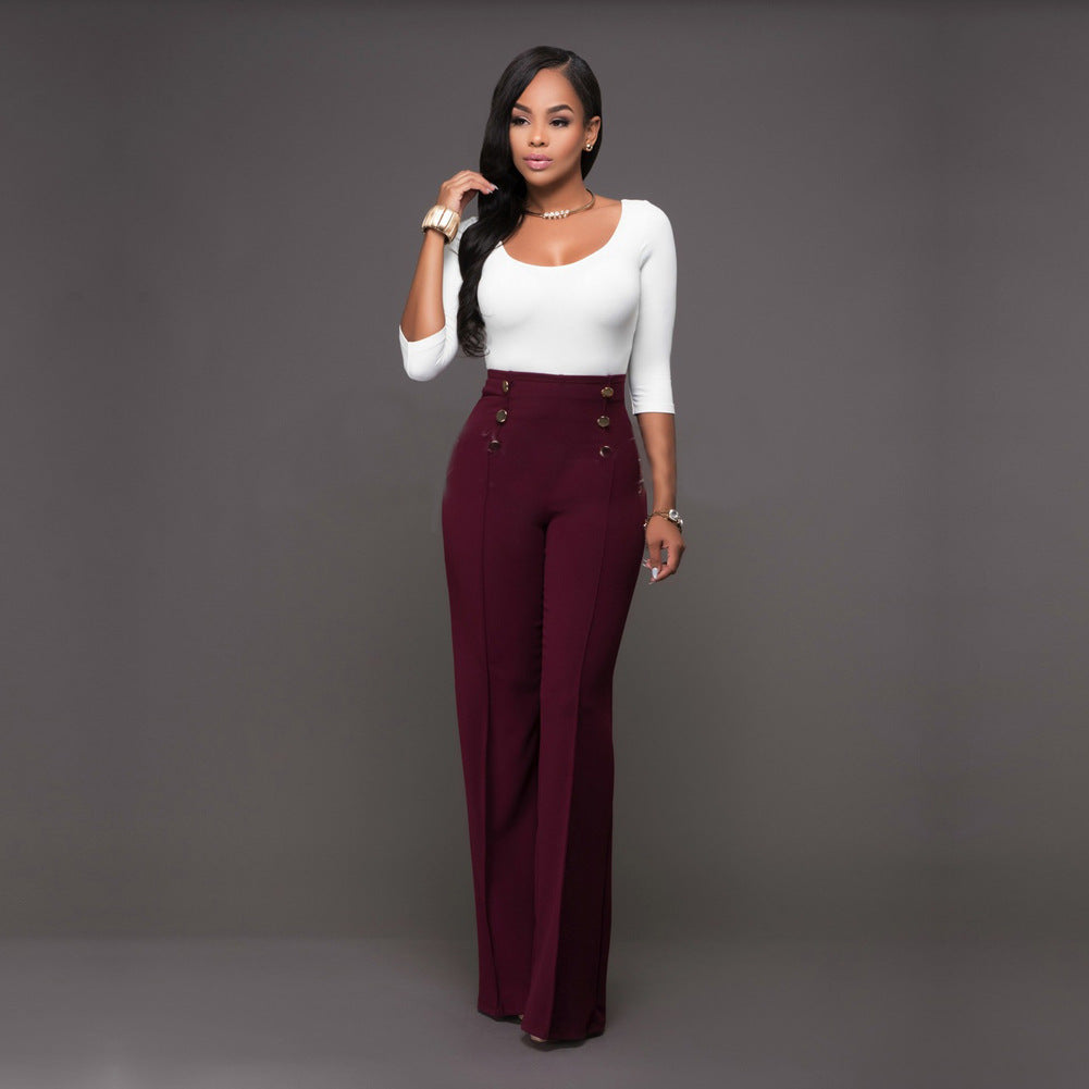 Pantalon Palazzo Femme Taille Haute Élégant Boutons