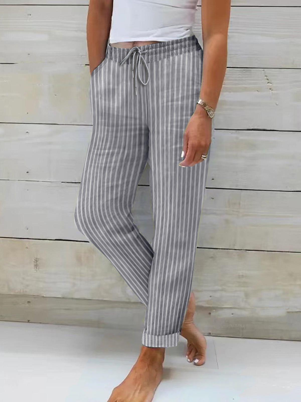 Femmes Pantalon confortable en coton à rayures Taille élastique