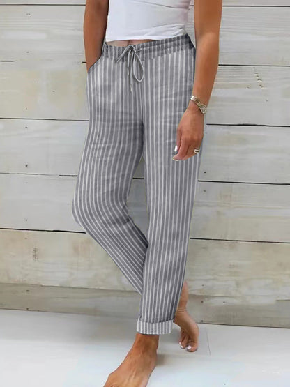 Femmes Pantalon confortable en coton à rayures Taille élastique