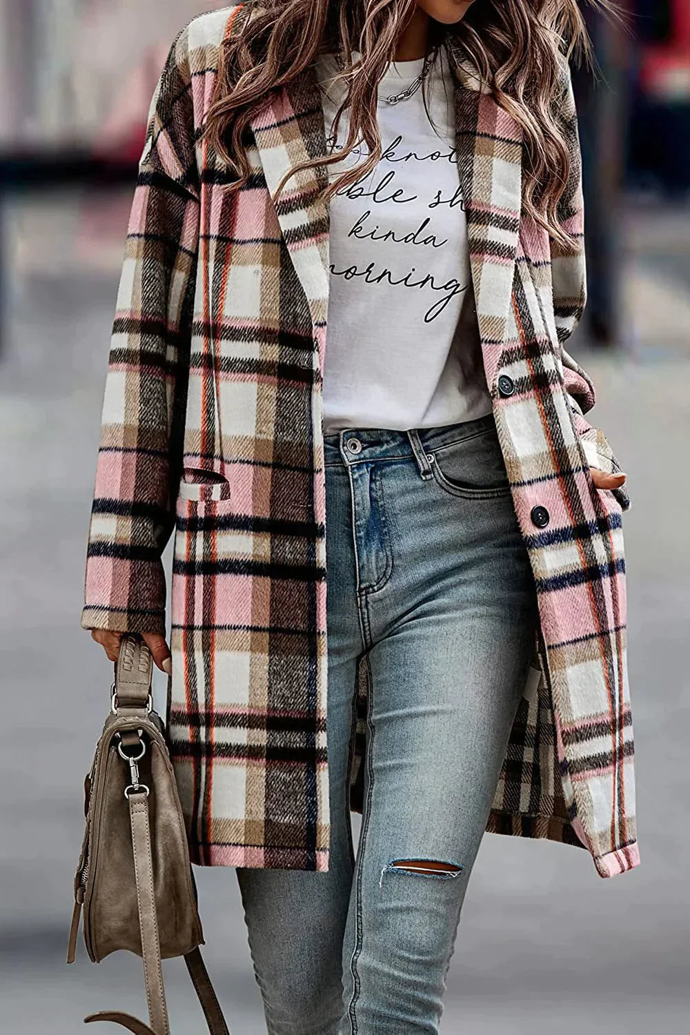 Manteau en laine ample pour femme, infroissable, à motif carreaux