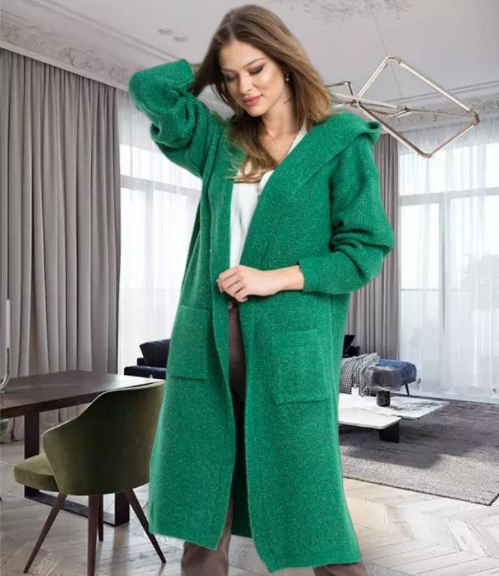 Cardigan en maille pour femme, chaud, à capuche, grandes poches