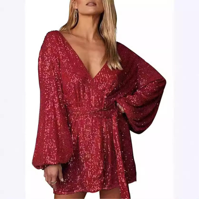 Robe de soirée scintillante à col en V élégante
