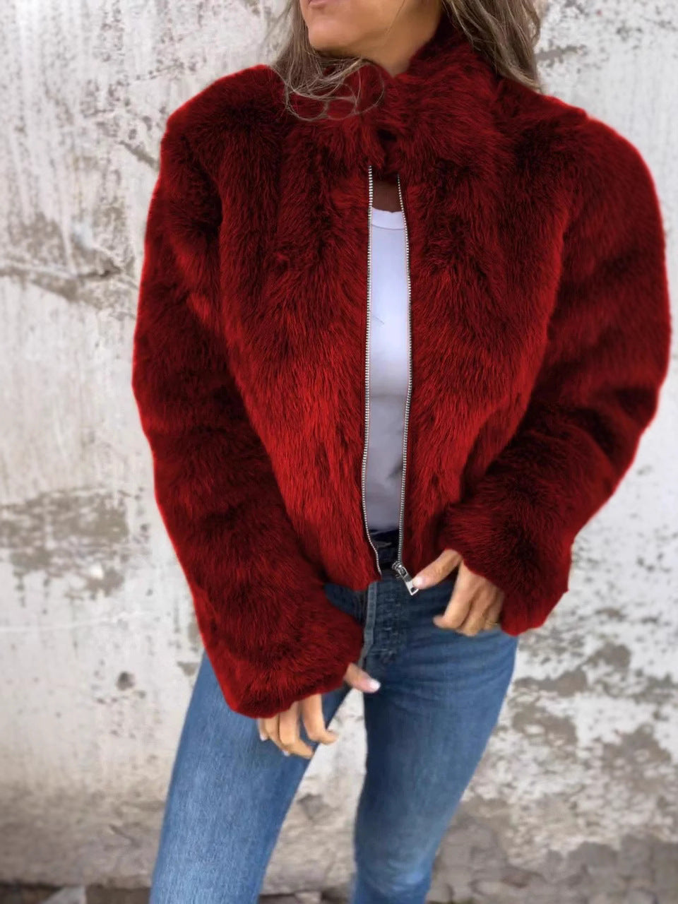 Manteau oversize en fausse fourrure à fermeture éclair