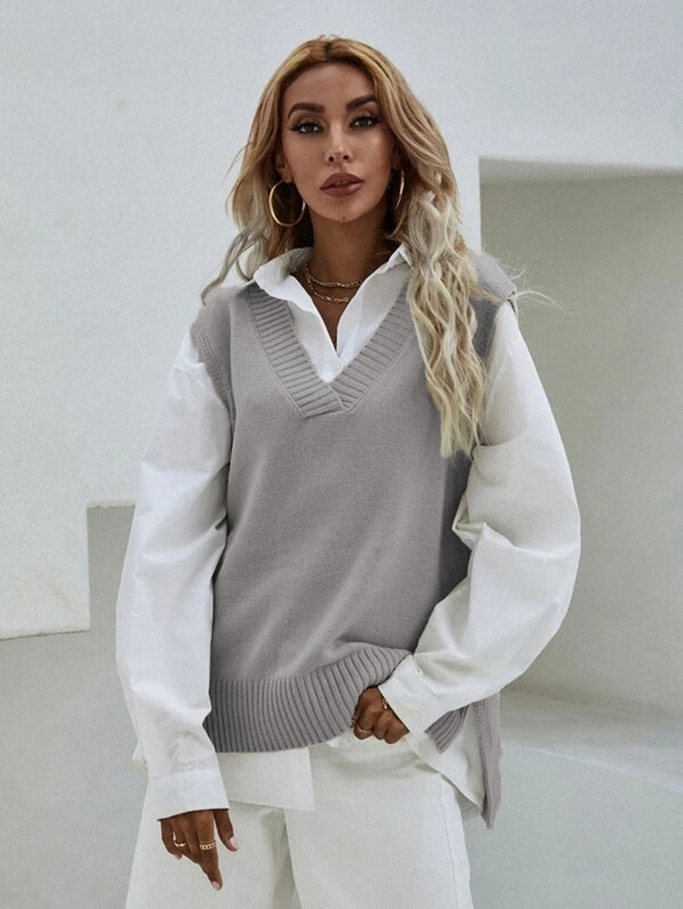Gilet tricoté pour femme Col en V Larges côtes