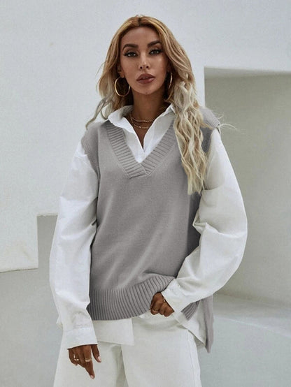 Gilet tricoté pour femme Col en V Larges côtes