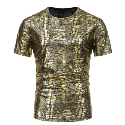 Pull Homme Aspect Cuir de Serpent Élégant Manches Courtes