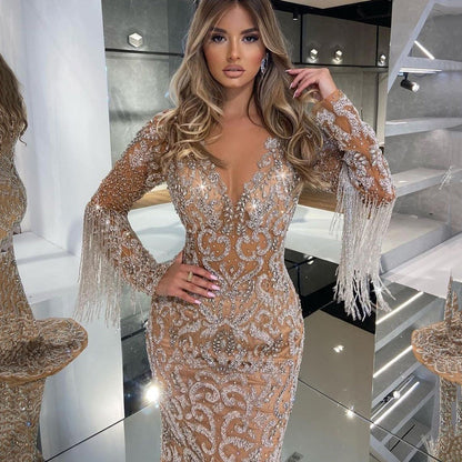 Robe de soirée scintillante femme élégante col en V