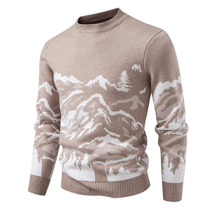Pull en tricot pour homme, motif montagne, col montant, tendance