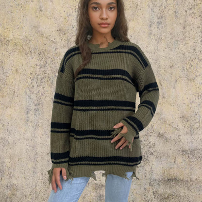 Pull-over oversized en maille de laine à rayures contrastantes